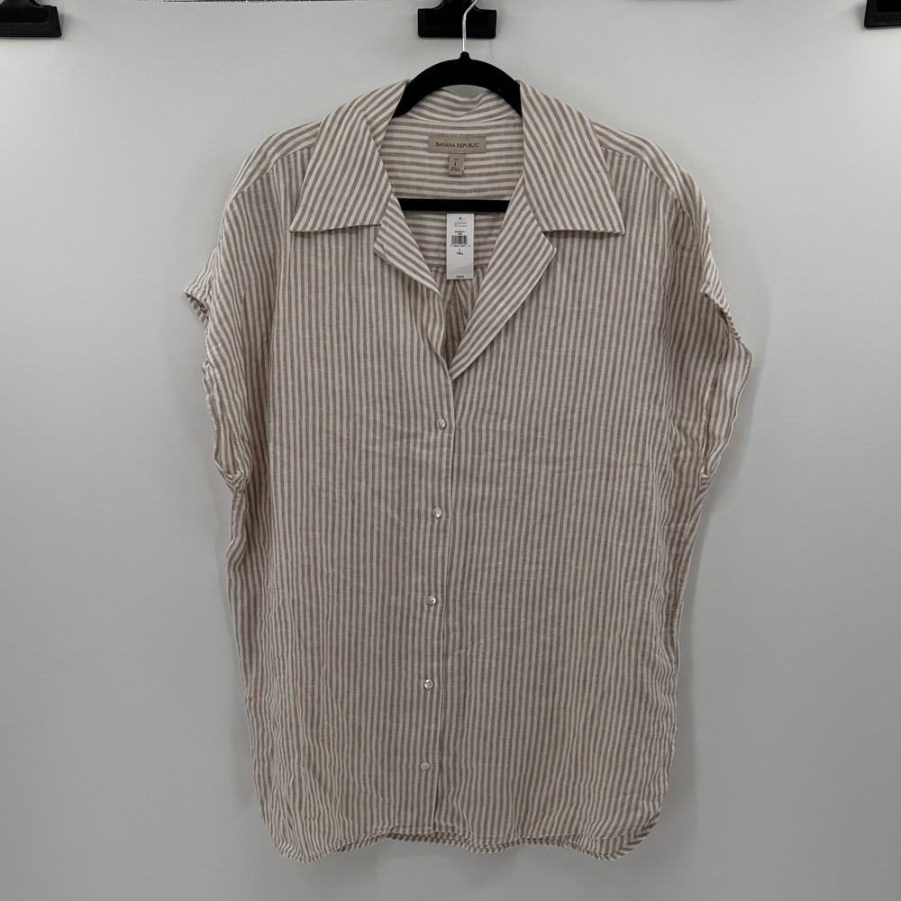 Banana Republic Beige and White Striped Button-Down Shirt